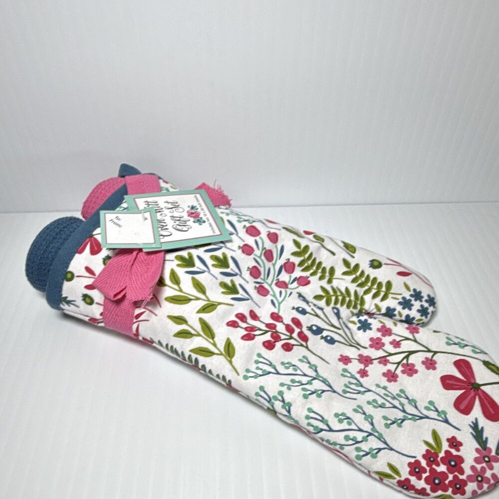 Floral Cotton Oven Mitt & 2 Tea Towels Set, Hanging Loop, Country Style
